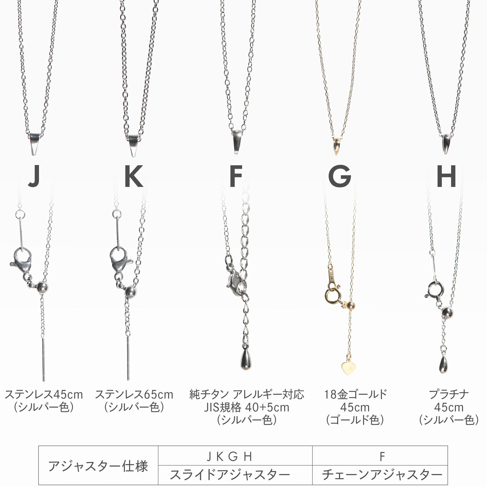 ネックレスチェーン種類 J:ステンレス45cm K:ステンレス65cm F:純チタン アレルギー対応 JIS規格 G:18金ゴールド 45cm H:プラチナ 45cm