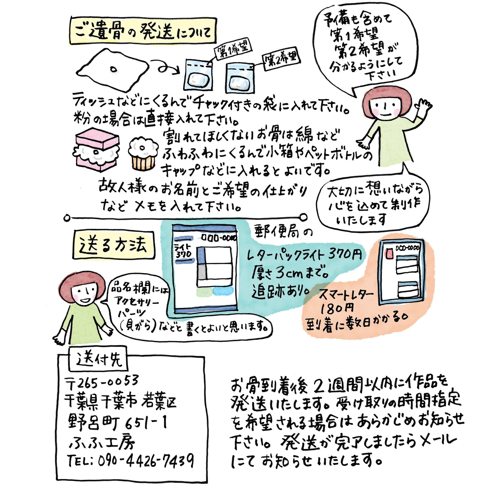 ご遺骨の梱包方法:ティッシュなどにくるんでチャック付きの袋に入れてください。粉の場合は袋に直接入れてください。予備も含めて第一希望、第二希望がわかるようにしてください。送付方法:郵便局のレターパックライト、スマートレター