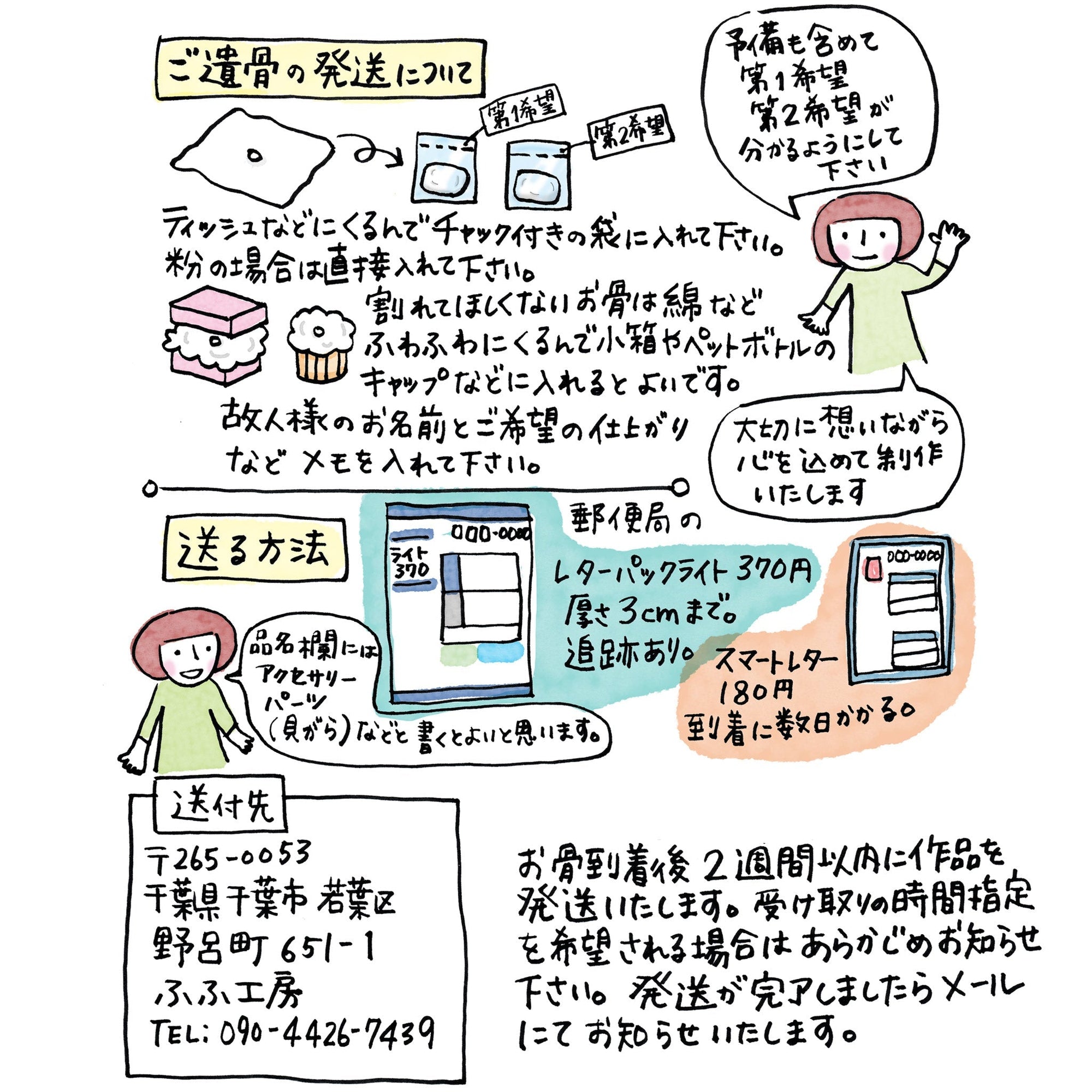 ご遺骨の梱包方法:ティッシュなどにくるんでチャック付きの袋に入れてください。粉の場合は袋に直接入れてください。予備も含めて第一希望、第二希望がわかるようにしてください。送付方法:郵便局のレターパックライト、スマートレター