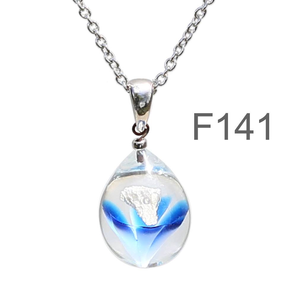 濃ブルー半透明白色のお花が入った ガラスの遺骨ペンダント