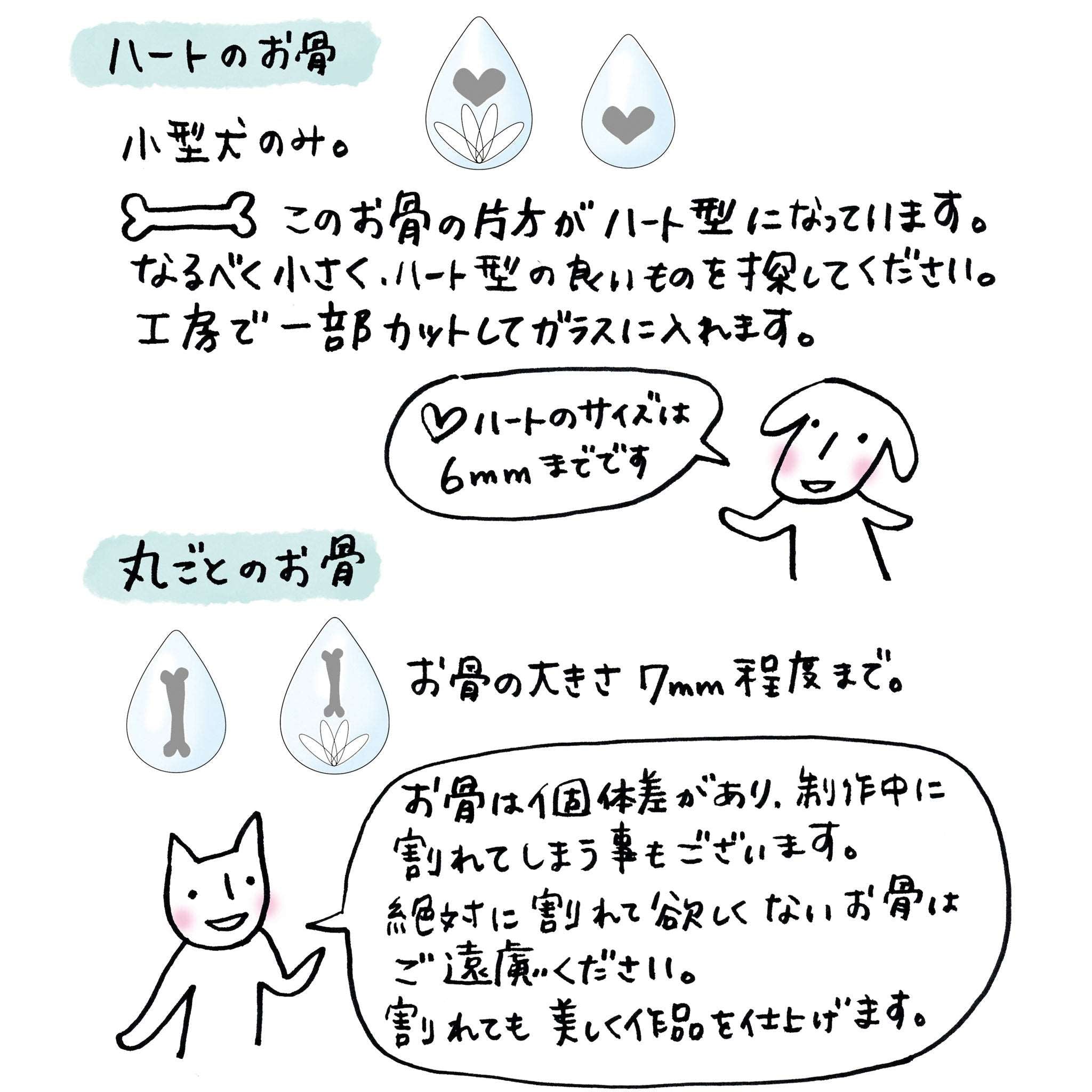 ハートのお骨：小型犬のみ。お骨の片方がハート型になっています。なるべく小さく、ハート型の良いものを探してください。工房で一部カットしてガラスに入れます。ハートのサイズは6mmまでです。　丸ごとのお骨：お骨の大きさ7mm程度まで。　お骨は個体差があり、制作中に割れてしまうこともございます。絶対に割れてほしくないお骨はご遠慮ください。割れても美しく作品を仕上げます。